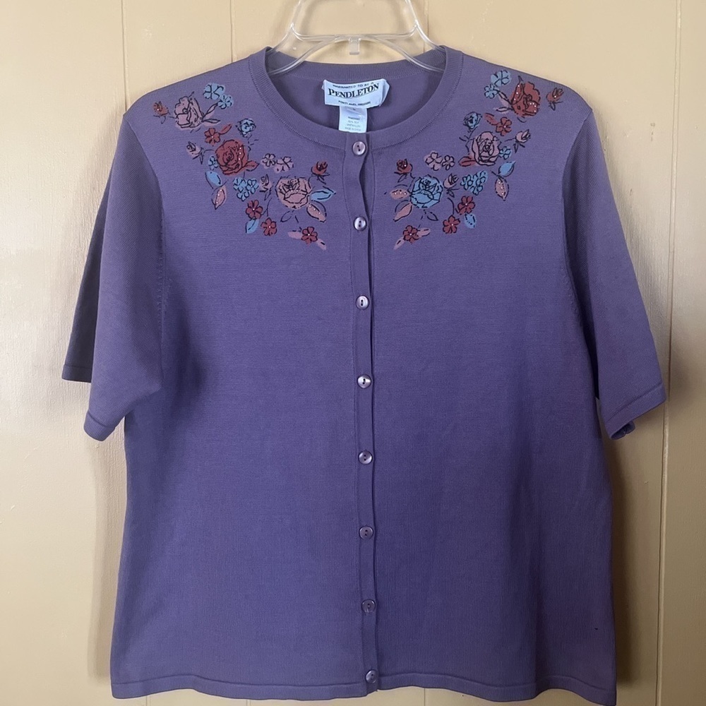Pendleton Silk Blend Lightweight Lavender Flowered Cardigan Size Large